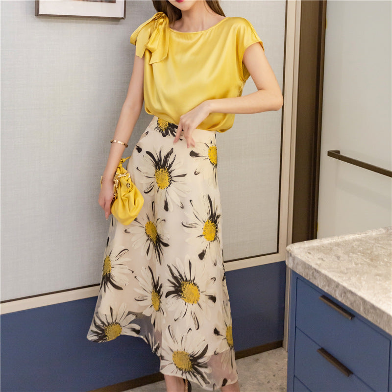 New Sweet Style Sunflower Printed Gauze A-Line Long Skirt