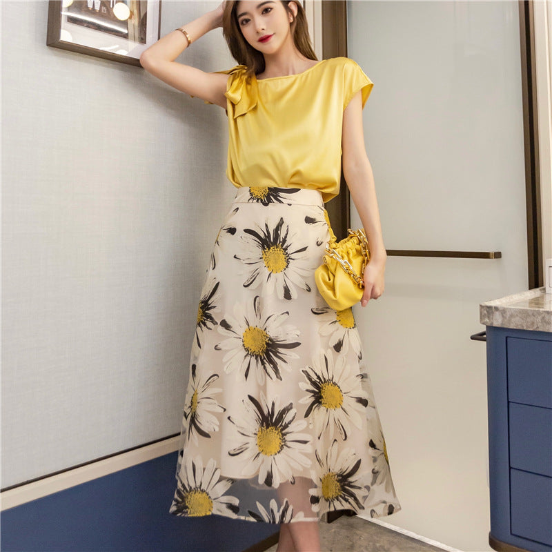 New Sweet Style Sunflower Printed Gauze A-Line Long Skirt