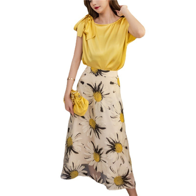 New Sweet Style Sunflower Printed Gauze A-Line Long Skirt