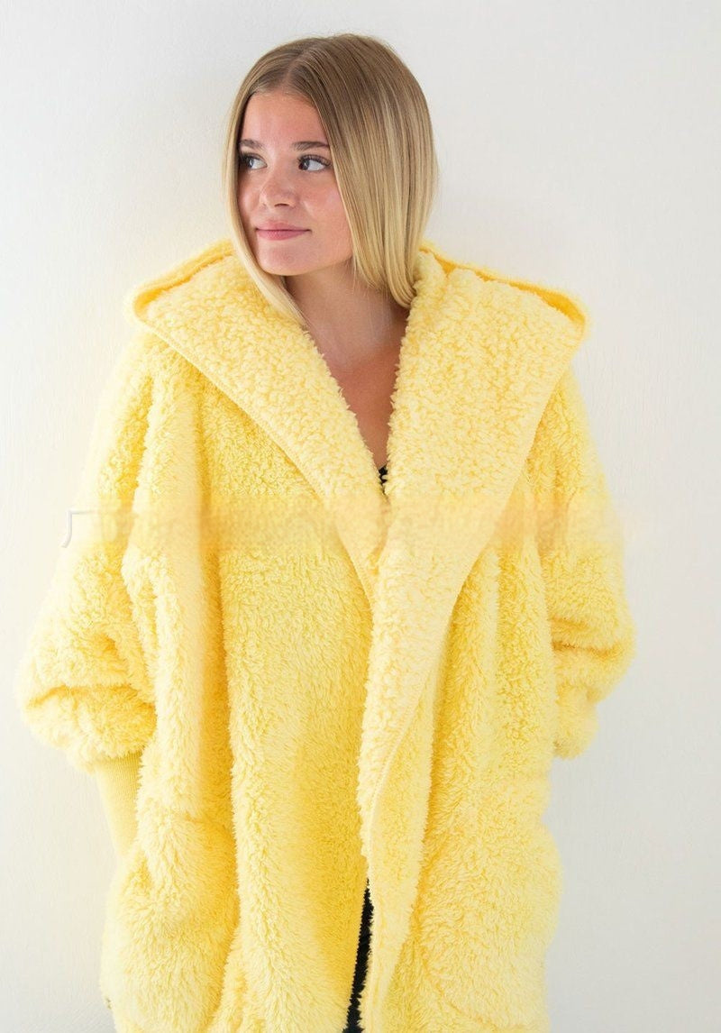 Furry Hooded Cardigan Coat for Women with Pocket Design