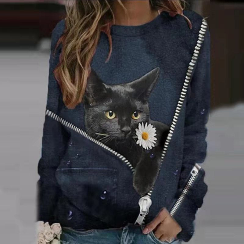 Cartoon Cat Print Casual Long-sleeved T-shirt