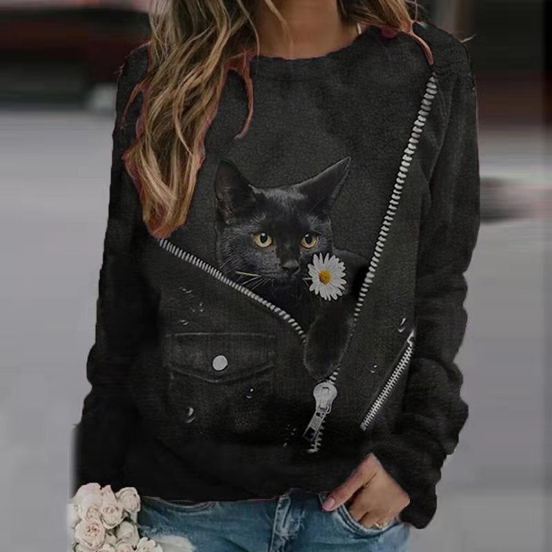 Cartoon Cat Print Casual Long-sleeved T-shirt