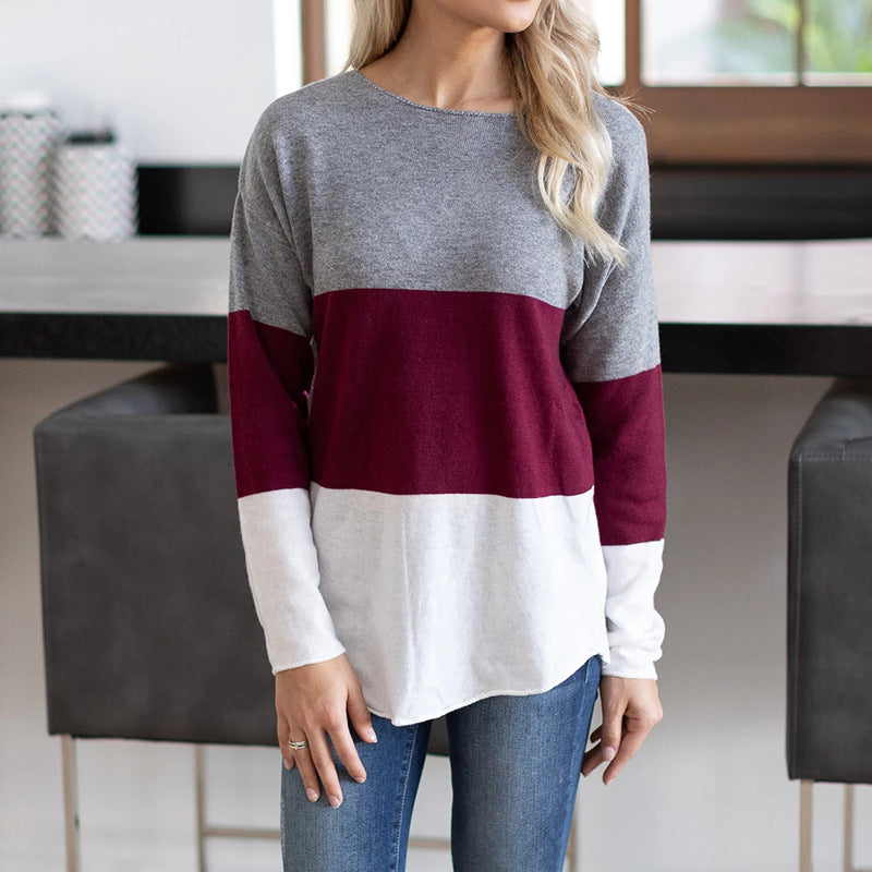 Contrasting Color Round Neck Long-sleeved Casual T-shirt