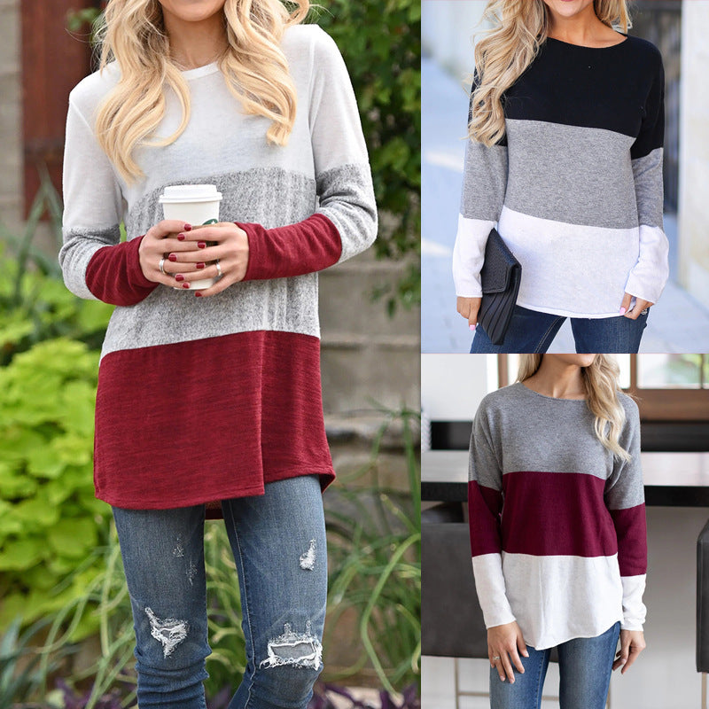 Contrasting Color Round Neck Long-sleeved Casual T-shirt