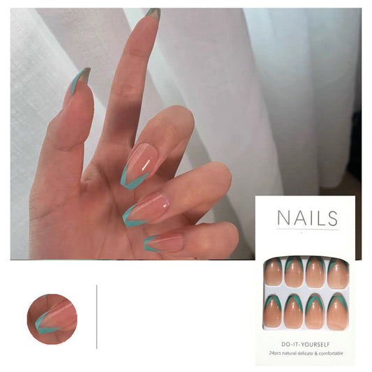 Nude Oblique French Lake Blue and Green Wearing Nail Finished Nail Patch Nail Patch