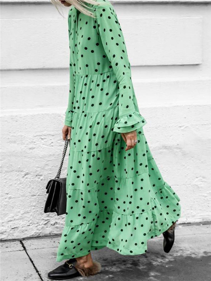 Polka Dot Deep V-Neck Dress with a Flowing Long Skirt