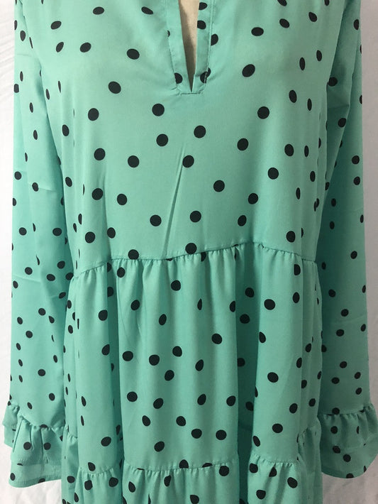 Polka Dot Deep V-Neck Dress with a Flowing Long Skirt