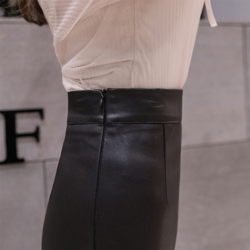 Spring and Autumn Long Mesh Splicing PU Leather Skirt for Women