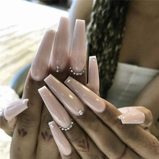 Evaporated Milk Tea Color Full Diamond Long Ballet Wear Nail Finished Nail Patch