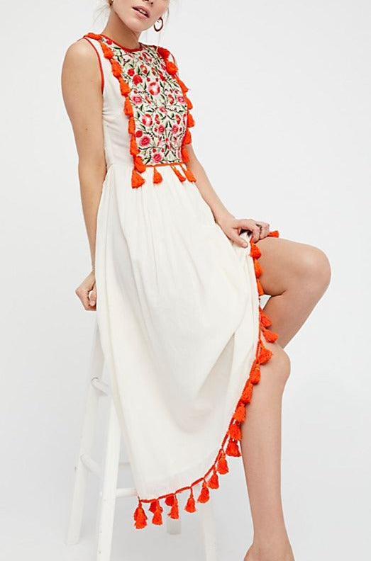 Bohemian Embroidered Floral Fringe Sleeveless Vest Dress