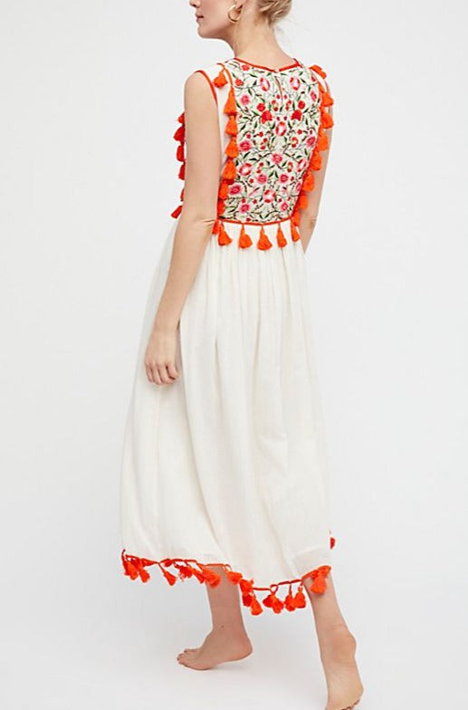 Bohemian Embroidered Floral Fringe Sleeveless Vest Dress