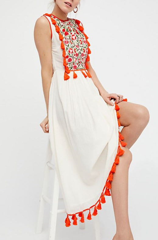 Bohemian Embroidered Floral Fringe Sleeveless Vest Dress