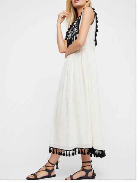 Bohemian Embroidered Floral Fringe Sleeveless Vest Dress