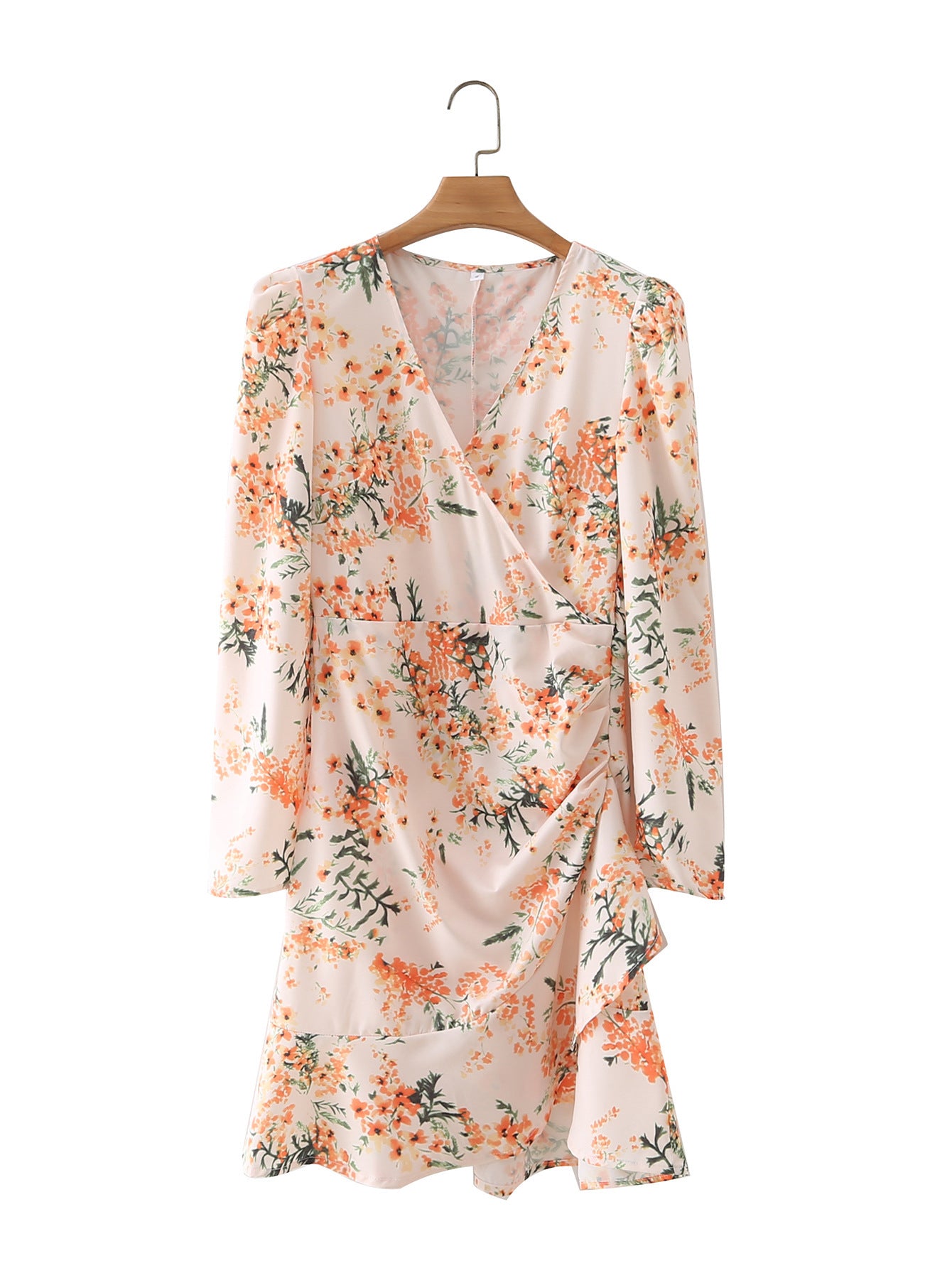 Dress with Long Sleeves and a V-Neck, Adorned with Yellow Florals