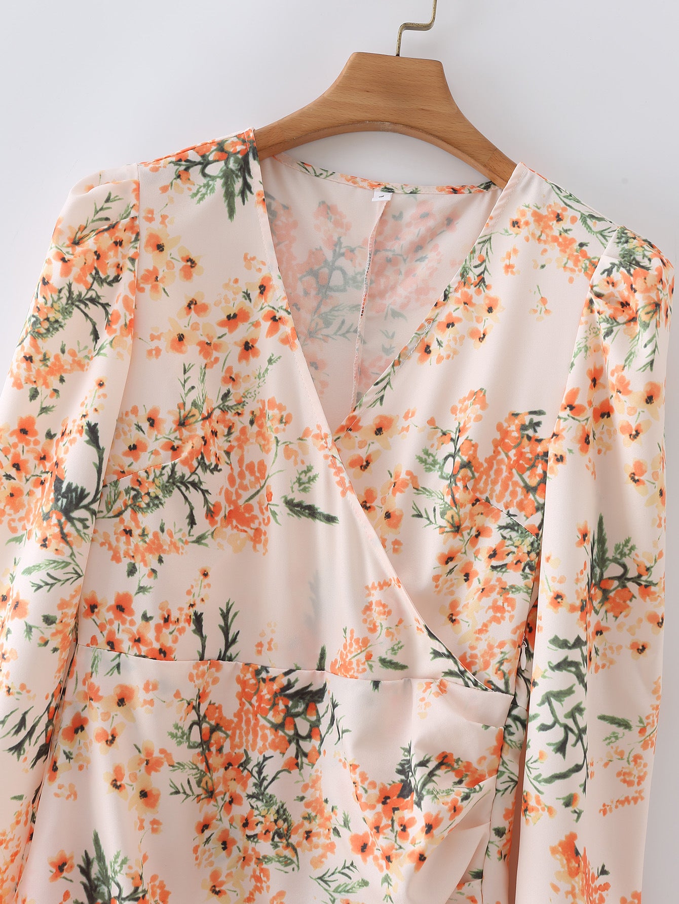 Dress with Long Sleeves and a V-Neck, Adorned with Yellow Florals