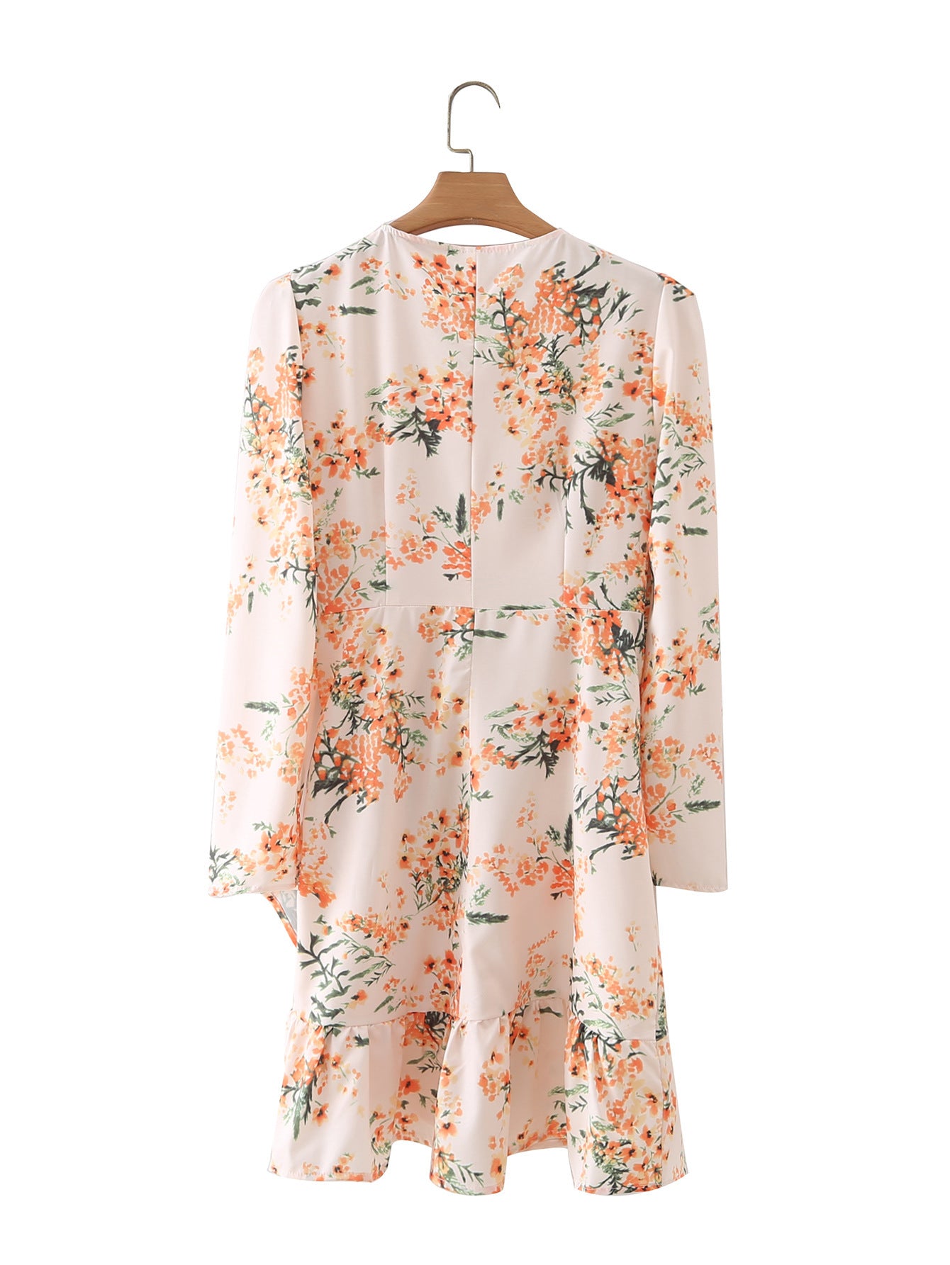 Dress with Long Sleeves and a V-Neck, Adorned with Yellow Florals