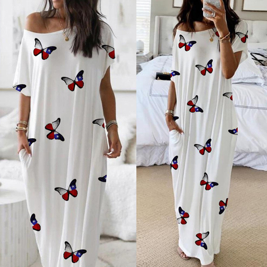 Short-Sleeved Long Dress with Butterfly Print in a Solid Color