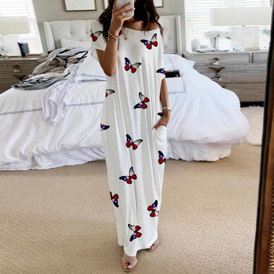 Short-Sleeved Long Dress with Butterfly Print in a Solid Color