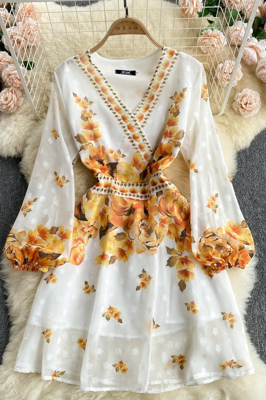 Palace Style Dress New Summer Female Chiffon Puff Sleeve Elegant Print Slim Short Holiday Skirt