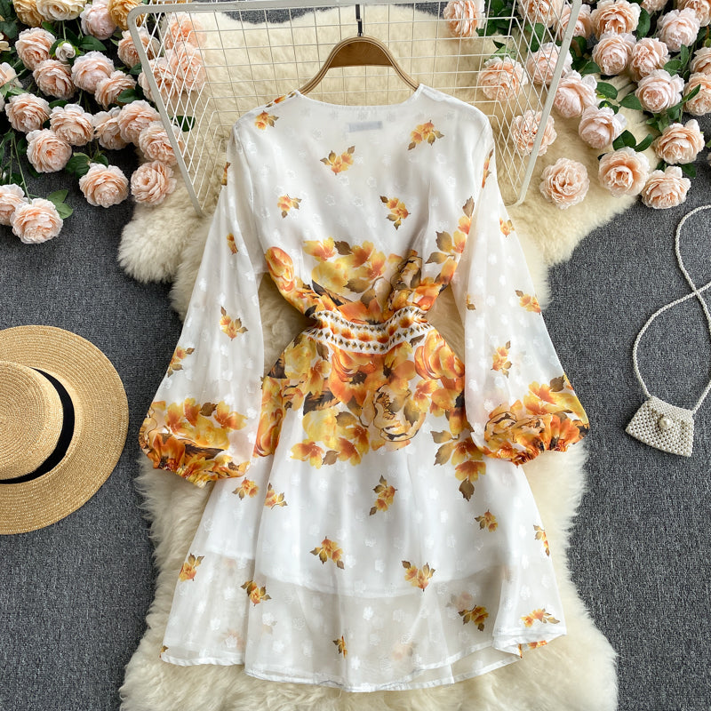 Palace Style Dress New Summer Female Chiffon Puff Sleeve Elegant Print Slim Short Holiday Skirt