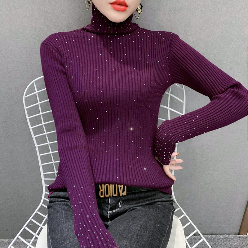 Women Autumn Winter Highnecked Thick Slimfit Fashion Drilled Shirt