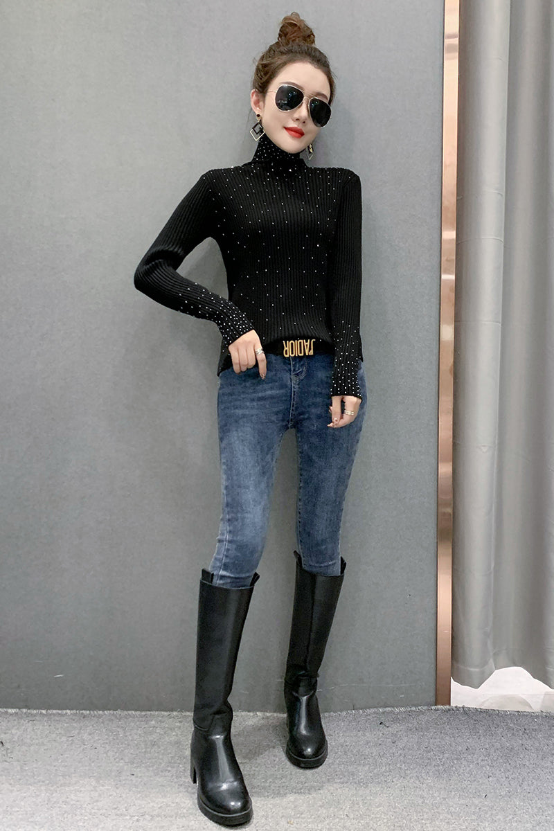 Women Autumn Winter Highnecked Thick Slimfit Fashion Drilled Shirt