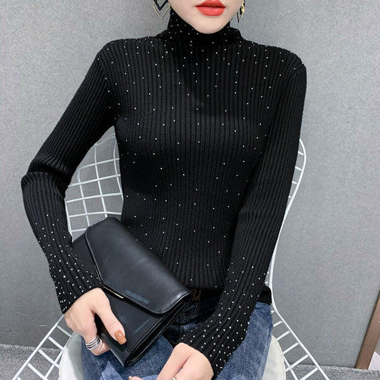 Women Autumn Winter Highnecked Thick Slimfit Fashion Drilled Shirt