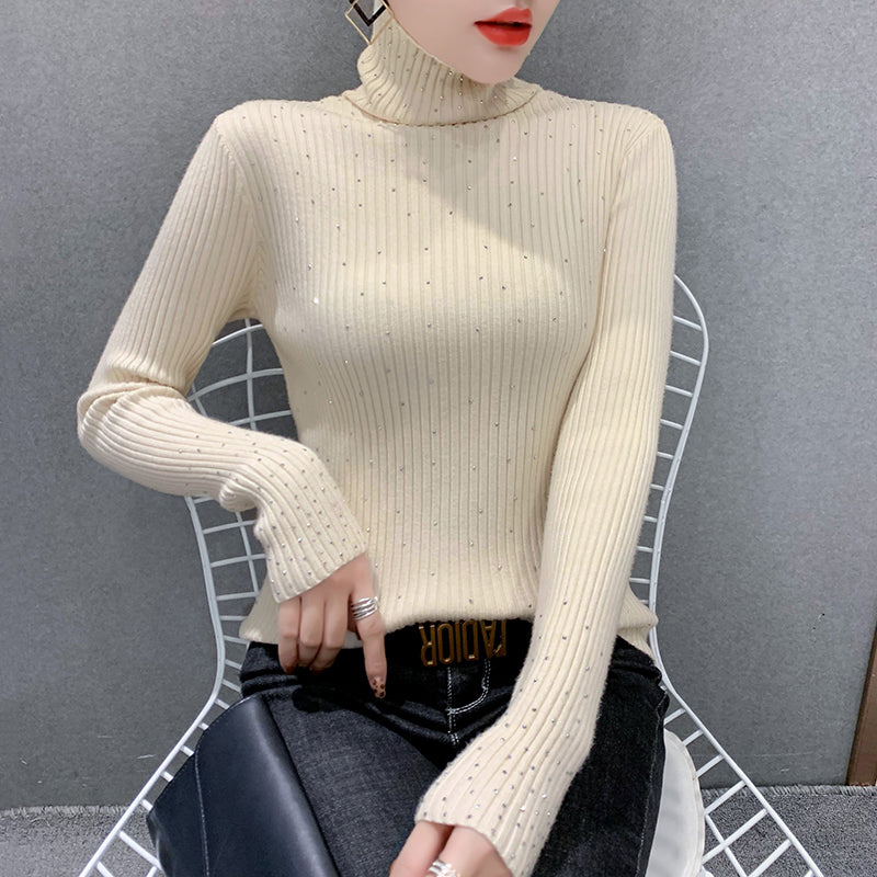 Women Autumn Winter Highnecked Thick Slimfit Fashion Drilled Shirt