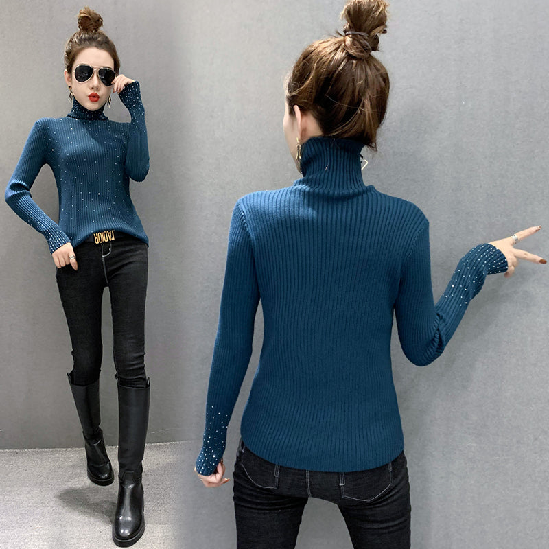 Women Autumn Winter Highnecked Thick Slimfit Fashion Drilled Shirt