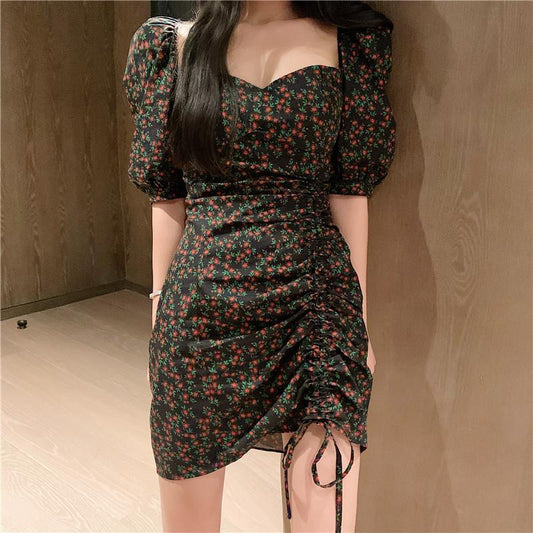 Hong Kong Style Retro Puff Sleeve Square Neck Floral Dress Female Summer