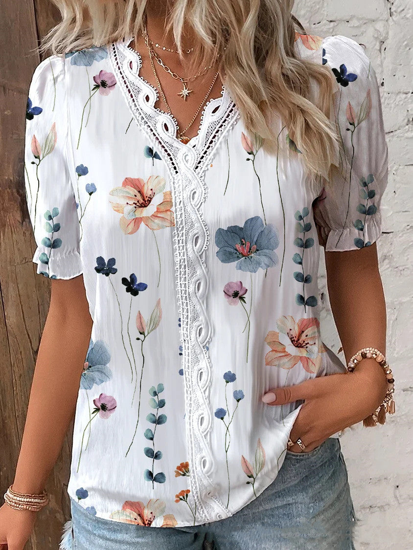 V Neck Lace Short Sleeve Printing For Fashion