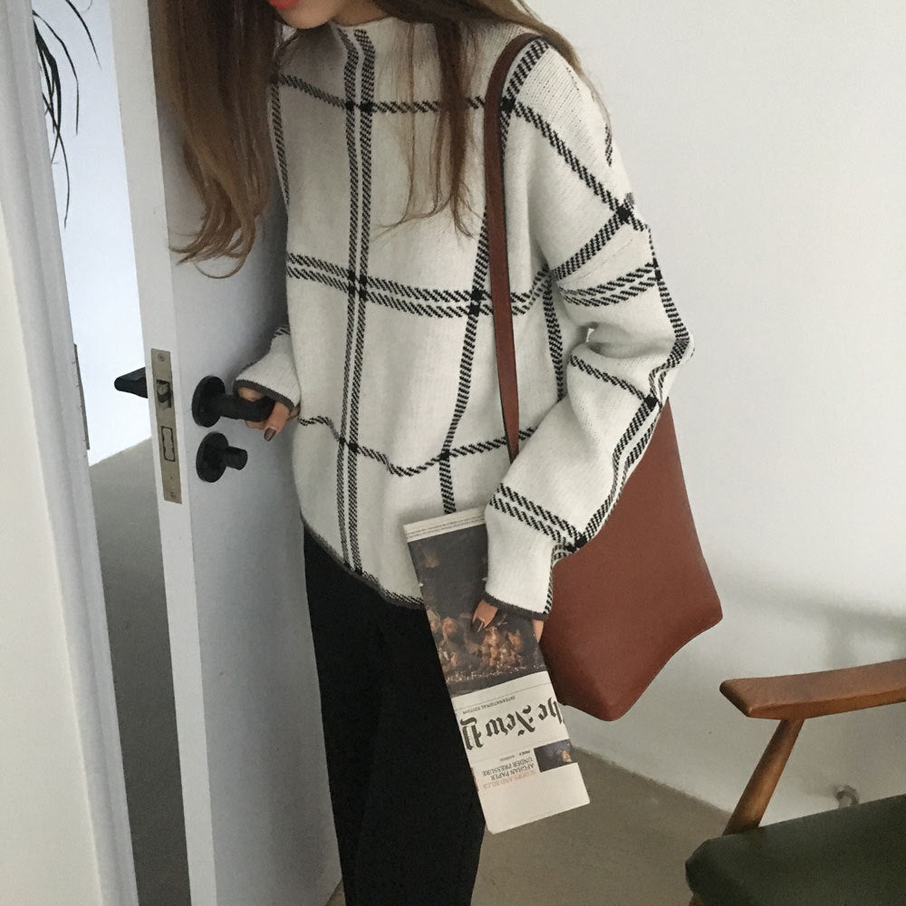 Core-Spun High Neck Plaid Sweater Top for Women