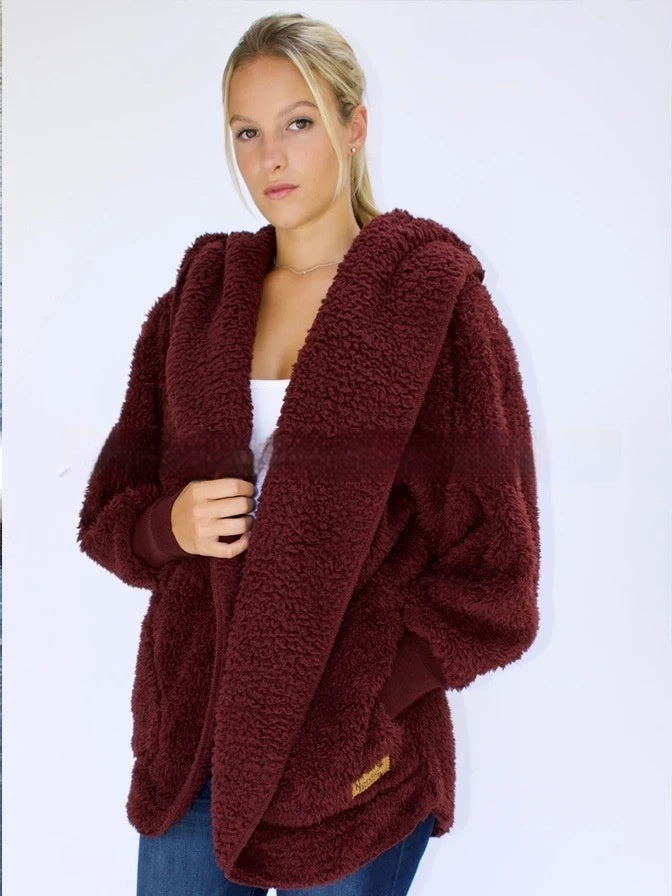 Furry Hooded Cardigan Coat for Women with Pocket Design