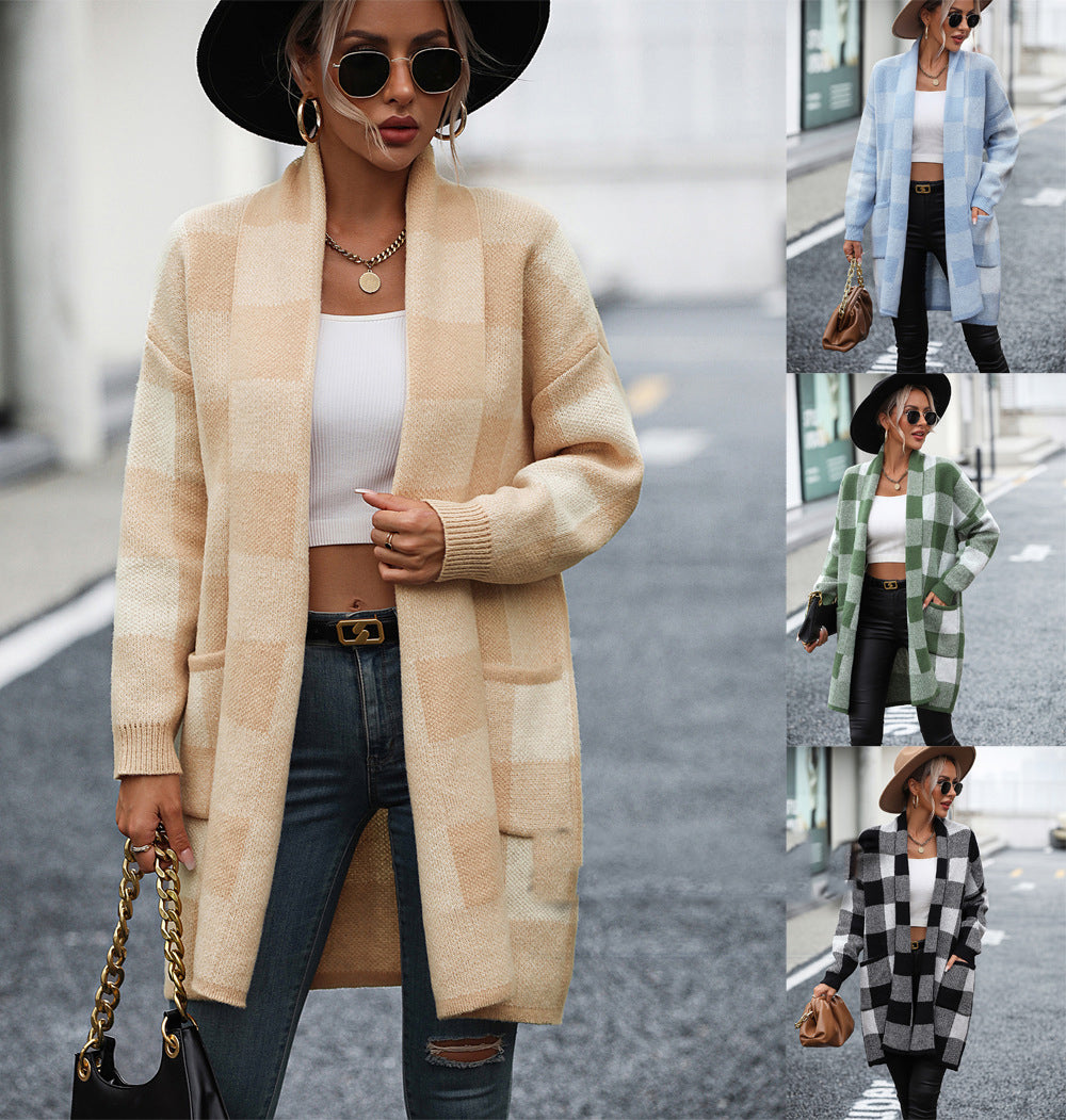 Fashion Sweater: Loose Plaid Color Stitching Knitted Cardigan Coat