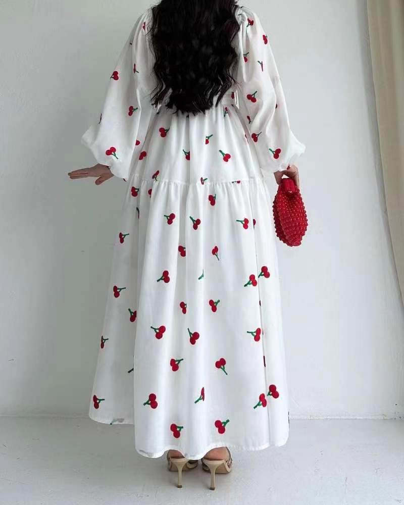 Fruit Printed Long Sleeve Waist-tight Middle East Dress