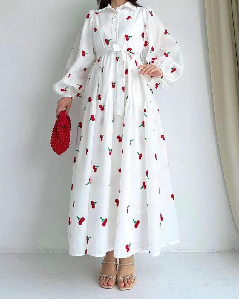 Fruit Printed Long Sleeve Waist-tight Middle East Dress