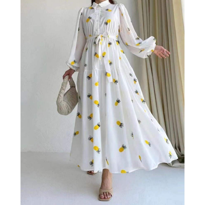 Fruit Printed Long Sleeve Waist-tight Middle East Dress