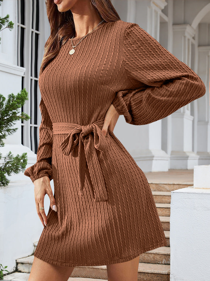 European And American Belt Long Sleeve Twist Knitted Dress Puff Sleeve