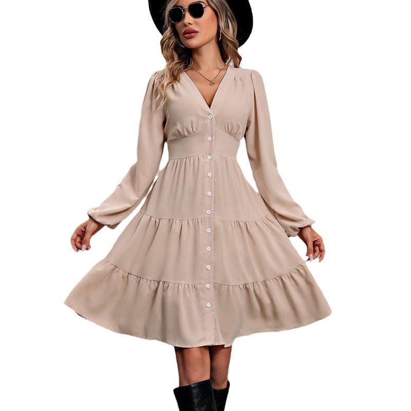 Commute Style Long Sleeve V-neck Stitching Waist Girdle Dress