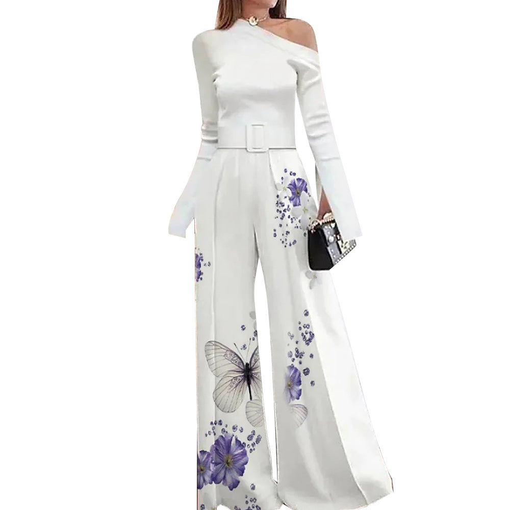 Fashion Printed Diagonal Collar Long Sleeve Off-shoulder Casual One-piece Wide-leg Pants