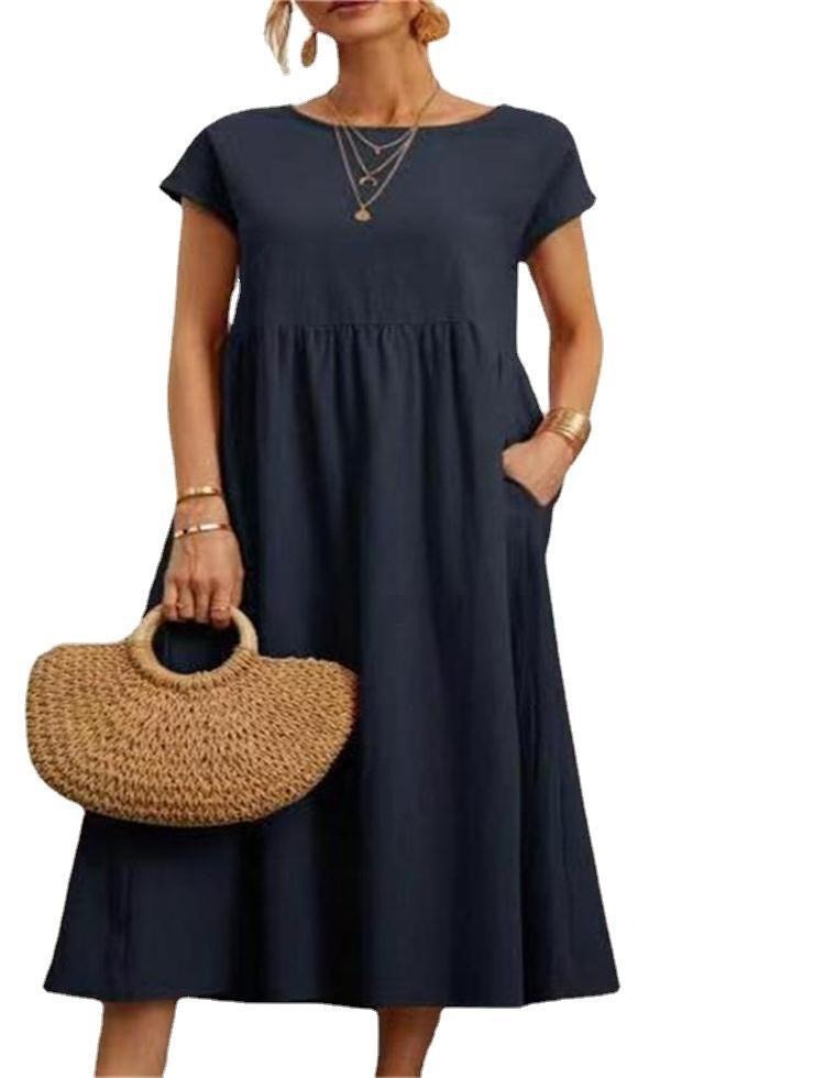 Women Solid color sleeveless loose pocket cotton linen dress