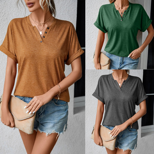 Summer Casual V-neck Solid Color Buttons Loose T-shirt