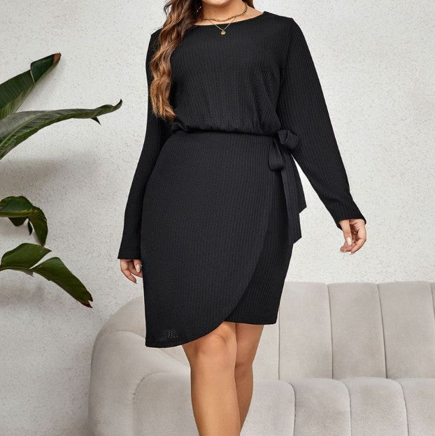 New Autumn Round Neck Long Sleeve Waist-controlled Lace-up Smooth Feeling Slimming Dress