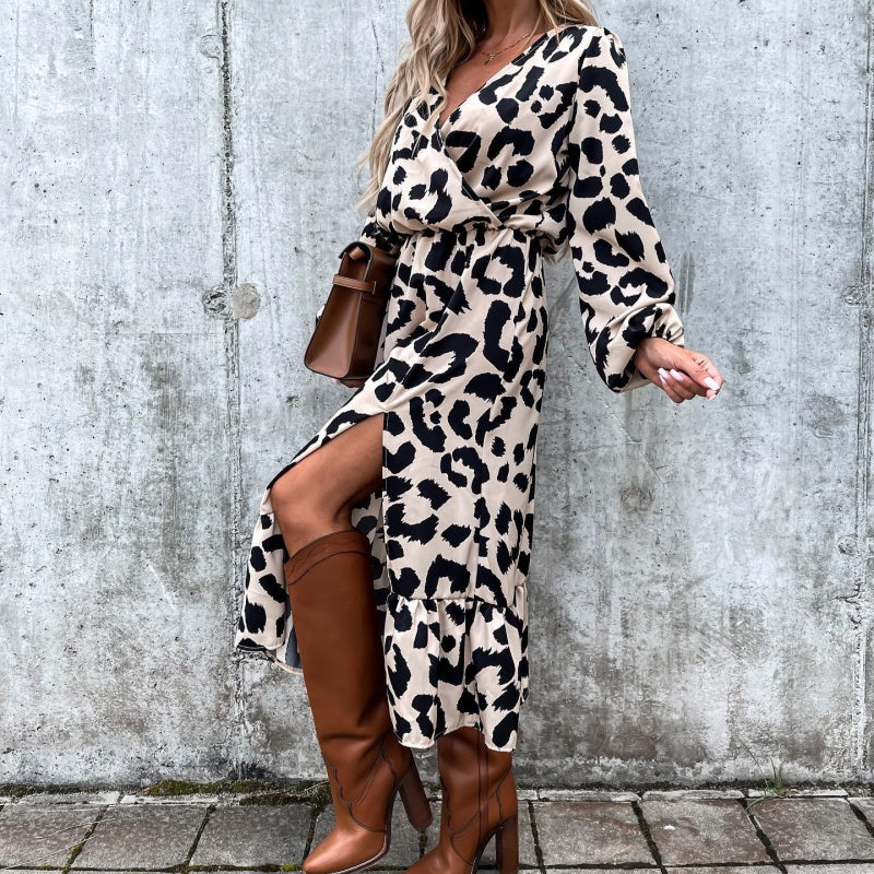 Women's Season Leopard Print Long Sleeve Slit Dress