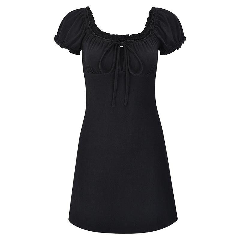 American Retro Chest Hollow Out Tied Puff Sleeve Black Dress
