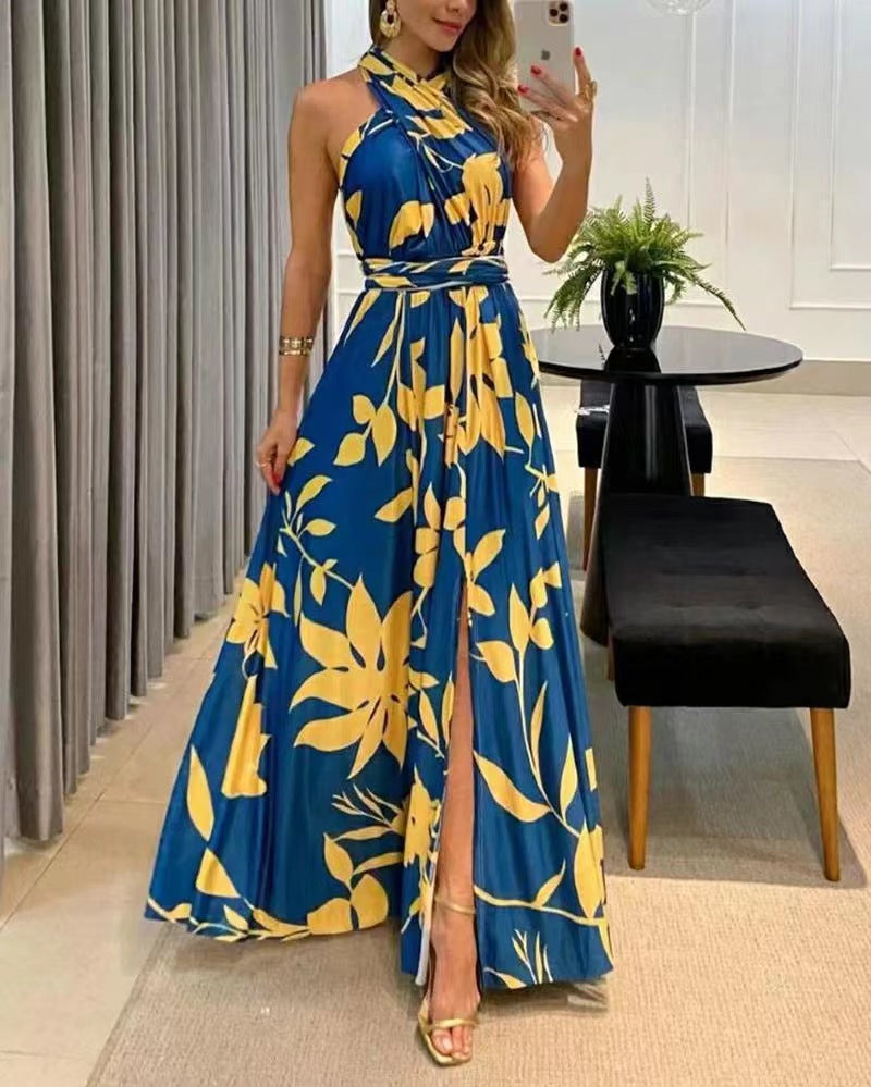 Women's Clothing Exposed Back Sleeveless Printed Long Dress