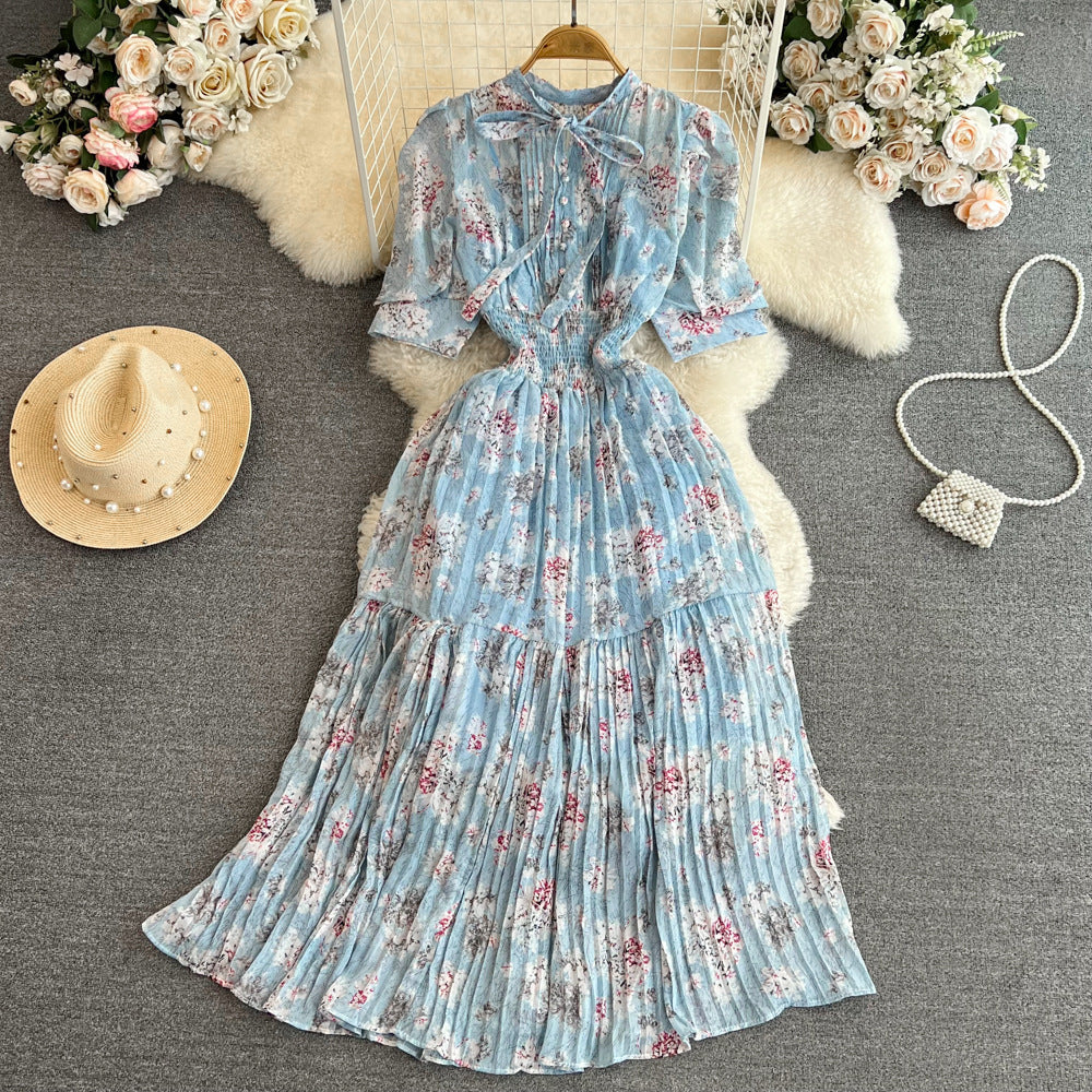 Bow Lace-up Waist A- Line Cake Floral Chiffon Dress