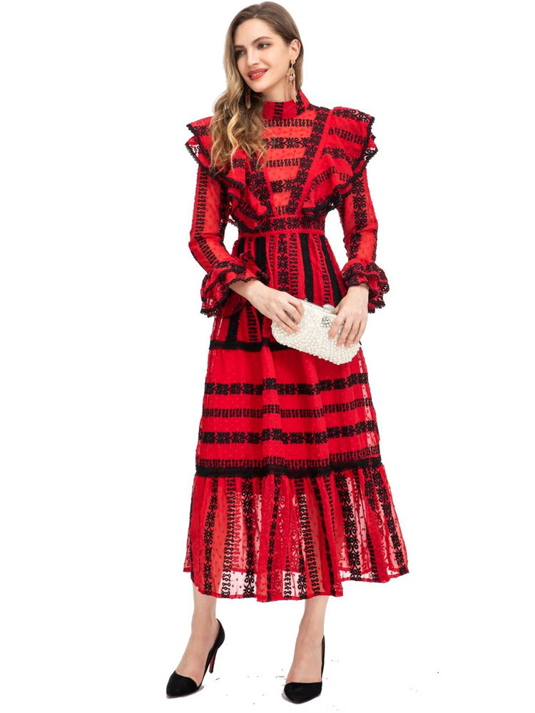 Retro Style Stand Collar Ruffle Stitching Machine Embroidery Red And Black Dress Dress