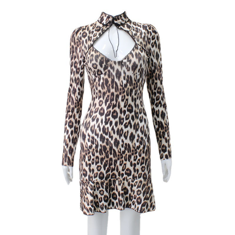 Leopard Print Hollow-out Long Sleeve Dress