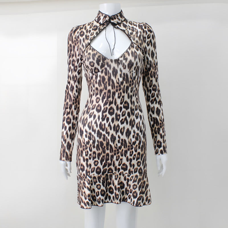 Leopard Print Hollow-out Long Sleeve Dress